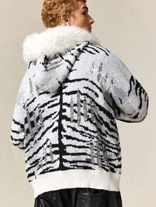 ROMWE MEN Street Life Men's Zebra Pattern Drop Shoulder Long Sleeve Distressed Fuzzy Hooded Cardigan, Autumn/Winter - Black and White - View 3
