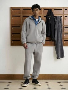 TOKVUE 男士休闲纯色连帽衫和运动裤套装，秋冬 - 灰色 - 查看 4