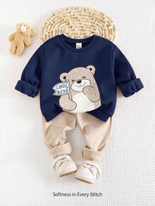 Cozy Pixies 2pcs Baby Boy Cartoon Bear Pattern Thermal Lined Soft Knit Crew Neck Long Sleeve Pullover Top And Solid Color Pants Set