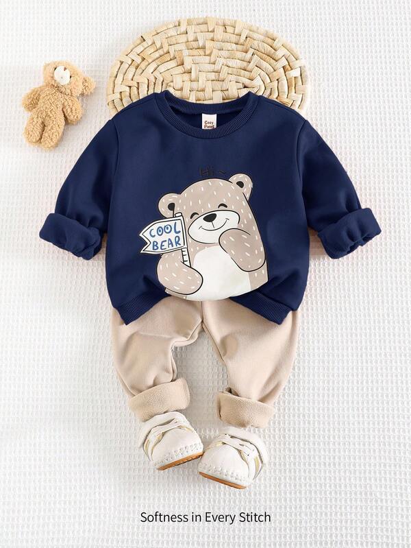 Cozy Pixies 2 Stück Baby Jungen Cartoon Bär Muster Fleece gefüttert Weich Strick Rundhals Langarm Pullover und einfarbige Hose Set