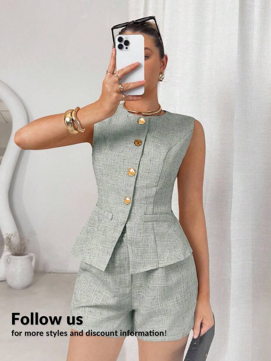 Lavishia 2pcs Women Solid Color Front Button Sleeveless Top And Shorts Set Green - Mint Green - View 1