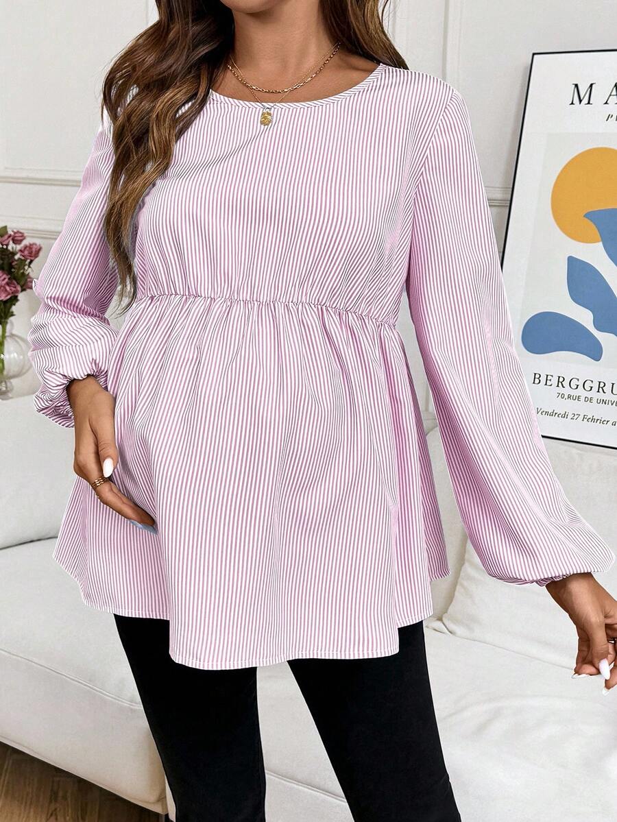 SHEIN 孕妇休闲条纹灯笼袖荷叶边上衣，适合日常通勤，春秋季 - 粉色 - 查看 1