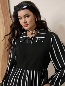 SHEIN LUNE 大码条纹拼布翻领长袖休闲衬衫度假装