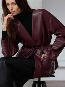 Aveloria Modichic Chaqueta de camisa de mujer de piel sintética sin cuello, de bolsillos con cinturón, de estilo elegante y moderno para uso diario