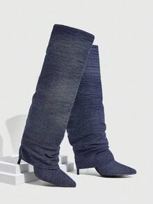 CUCCOO SZL Women's Pointed Toe Stiletto Heel Blue Denim Dual Fabric Design Fashionable Minimalist Comfortable Daily Party Slip-On Side Zipper Boots - Navy Blue - View 2