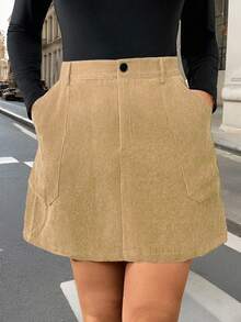 Easura 大码灯芯绒 A 字形拉链口袋装饰中长裙 - 卡其色 - 查看 5