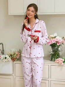 Striped Heart Patchwork Collar Top & Pants Pajama Set, Fall Winter Clothes - Multicolor - View 5