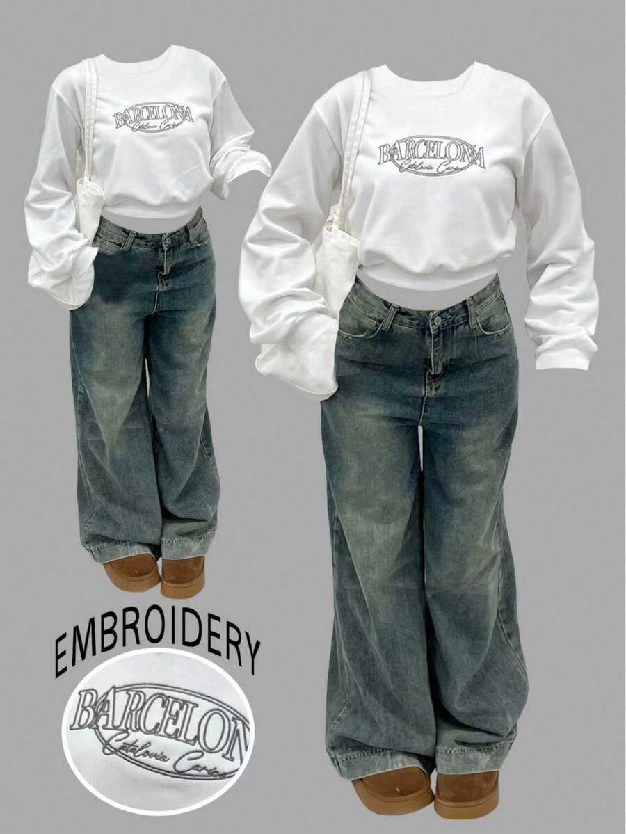 Rovax 女式短款圆领长袖运动衫 - 白色 - 查看 1