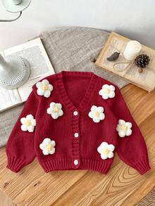 SHEIN LMoss Kids LMoss Baby Girl Cute Floral 3D Knit Long Sleeve Cardigan, Autumn Winter
