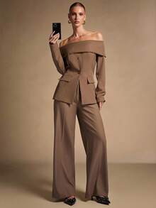 SHEIN BAE Damskie spodnie biurowe w jednolitym kolorze z wysokim stanem i szerokimi nogawkami, luźne, codzienne, brązowe spodnie damskie, spodnie damskie, stroje do pracy, strój biurowy, spodnie robocze na jesień/zimę - Kolor khaki - Zobacz 8