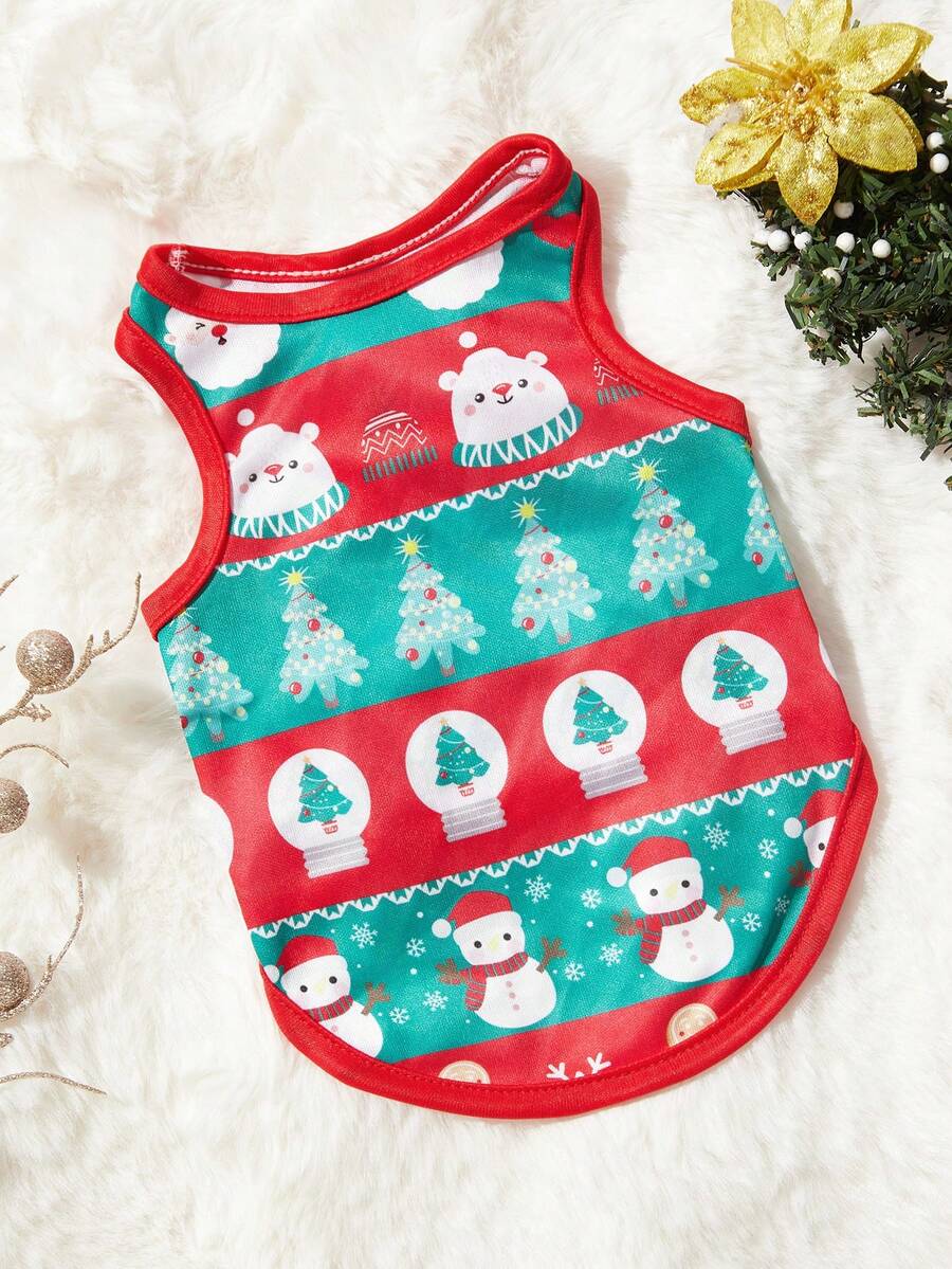 PETSIN 1 件红绿条纹可爱印花宠物背心，适合猫狗，圣诞节 - 彩色 - 查看 1