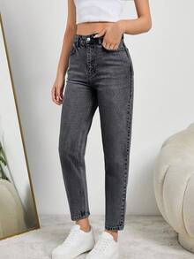 SHEIN Tall HIGH RISE MOM FIT LIGHT BLUE JEAN TALL - Light Grey - View 3