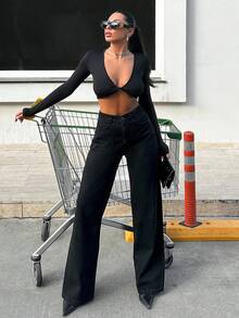 SHEIN Tall 100%Cotton High Waist Slant Pocket Casual Wide Leg Jeans Black Pants Suit Women - Black - View 2