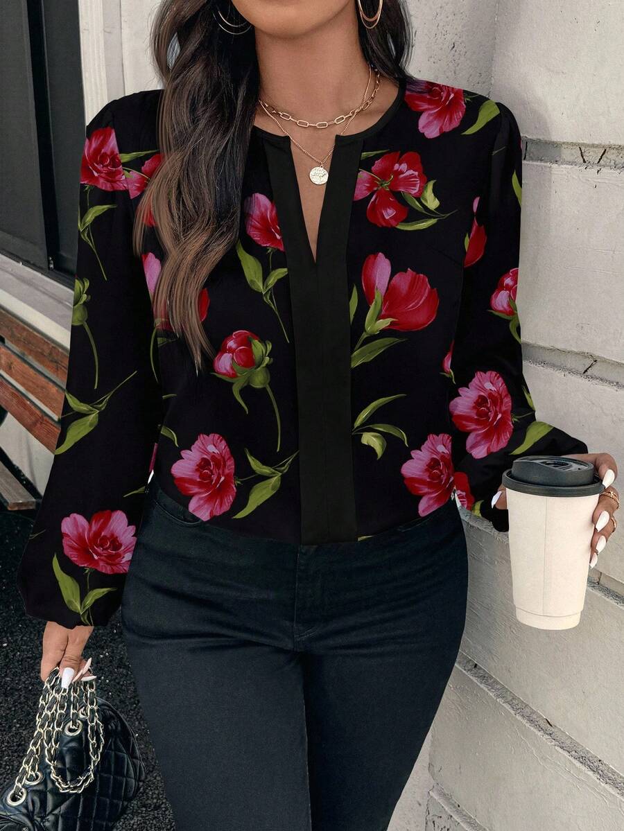 SHEIN Clasi Camisa de manga larga con estampado floral elegante y casual, adecuada para atuendos de primavera y otoño de talla grande