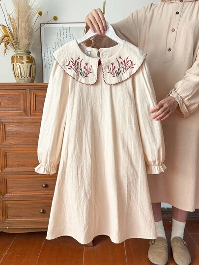 Vintaside Kids 女童秋季刺绣翻领长袖时尚连衣裙，适合秋季郊游、露营、家庭聚会和派对等日常休闲穿着