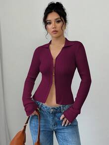 Elenzga 女式休闲通勤简约纯色翻领喇叭袖修身轻便开衫，秋季 - 中紫紅色 - 查看 6