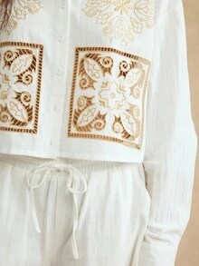 Easelle 女式刺绣前扣镂空长袖衬衫，春秋 - 白色 - 查看 3