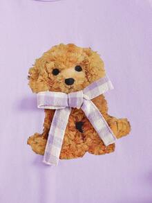 SHEIN Playful Pals 2pcs Girls Cartoon Puppy & Bow Print Knit Long Sleeve Top And Pants Pajama Set Fall Winter - Mauve Purple - View 7