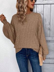 EMERY ROSE Women's Fuzzy Ribbed Batwing Long Sleeve Sweatshirt, Autumn,Fall - Coffee Brown - View 6