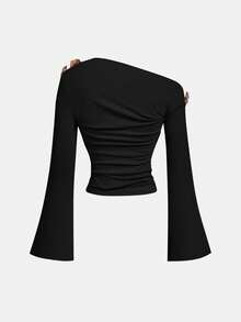 SHEIN MOD 1 件女式纯色不对称领口褶饰优雅长袖 T 恤 - 黑色 - 查看 2