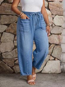 SHEIN CURVE+ 冬季加大码女式牛仔风宽松腰部弹力蓝色七分牛仔裤 - 中等水洗藍 - 查看 6