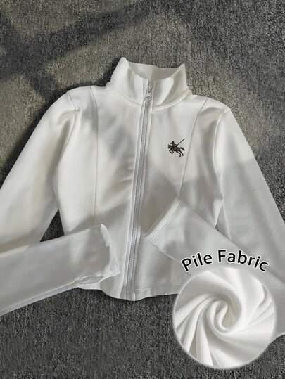 INAWLY Damska lekka kurtka polo z nadrukiem, swobodny, sportowy płaszcz z zamkiem błyskawicznym, dopasowany krój, z długim rękawem, jesień