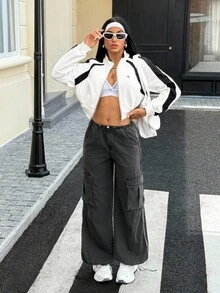 SHEIN EZwear Pantalon cargo en denim ample à taille élastique pour femmes - Gris foncé - Voir 5