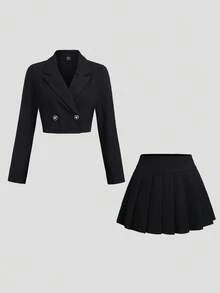 Sweetra 女士复古优雅通勤百搭两件套：短袖夹克和高腰 A 字褶裙，秋冬 - 黑色 - 查看 3