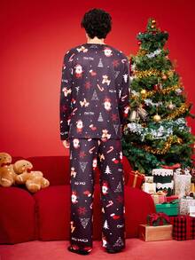 Notgurli Conjunto de pijama de talla grande para hombres con elementos navideños - Negro - Ver 3