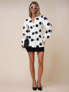 COSMINA 女士优雅大圆点深V领通勤衬衫，适合初秋办公室穿着 - 黑與白 - 查看 5