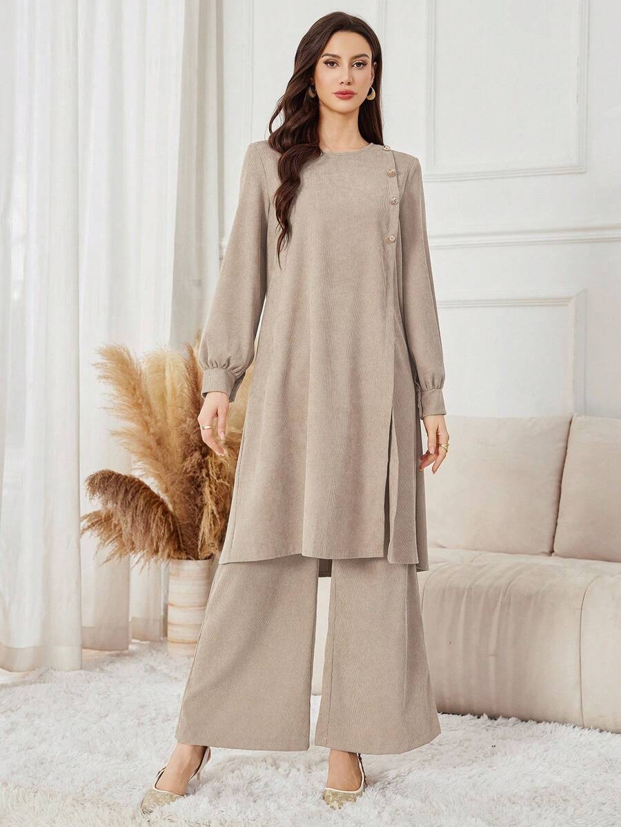 Yasmyna 2件套女士休闲纯色纽扣装饰开叉下摆加长上衣和阔腿裤套装，杏色，秋冬 - 卡其色 - 查看 1