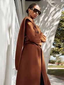 SHEIN Luminelle 女士秋冬时尚双排扣开衩羊毛大衣 - 棕色 - 查看 7