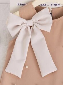 SHEIN Elladie kids 年轻女孩夏季新款仿珍珠蝴蝶结无袖A字褶边下摆法式时尚优雅公主裙 - 卡其色 - 查看 4