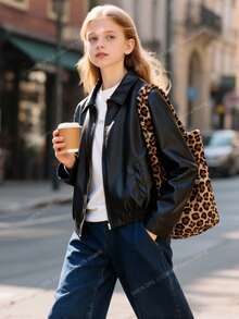 Girls' Turndown Collar Zipper Casual Cool Jacket, Suitable For Outings, Vacations, And Back To School Fall Winter - Black - View 3