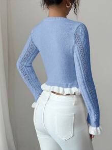 Elenzga 女士秋季新款针织修身圆领荷叶边袖口短款开衫，金属纽扣设计，甜美百搭，适合约会、情人节 - 藍色 - 查看 2