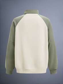 DRIFTMERE 男士插肩袖条纹休闲四分之一拉链套头衫，半拉链设计，时尚百搭，适合秋冬季节，春夏季节运动休闲穿着。 - 杏色 - 查看 2