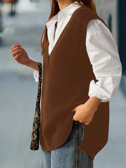 Easura 秋季大码女式纯色V领休闲宽松百搭针织背心