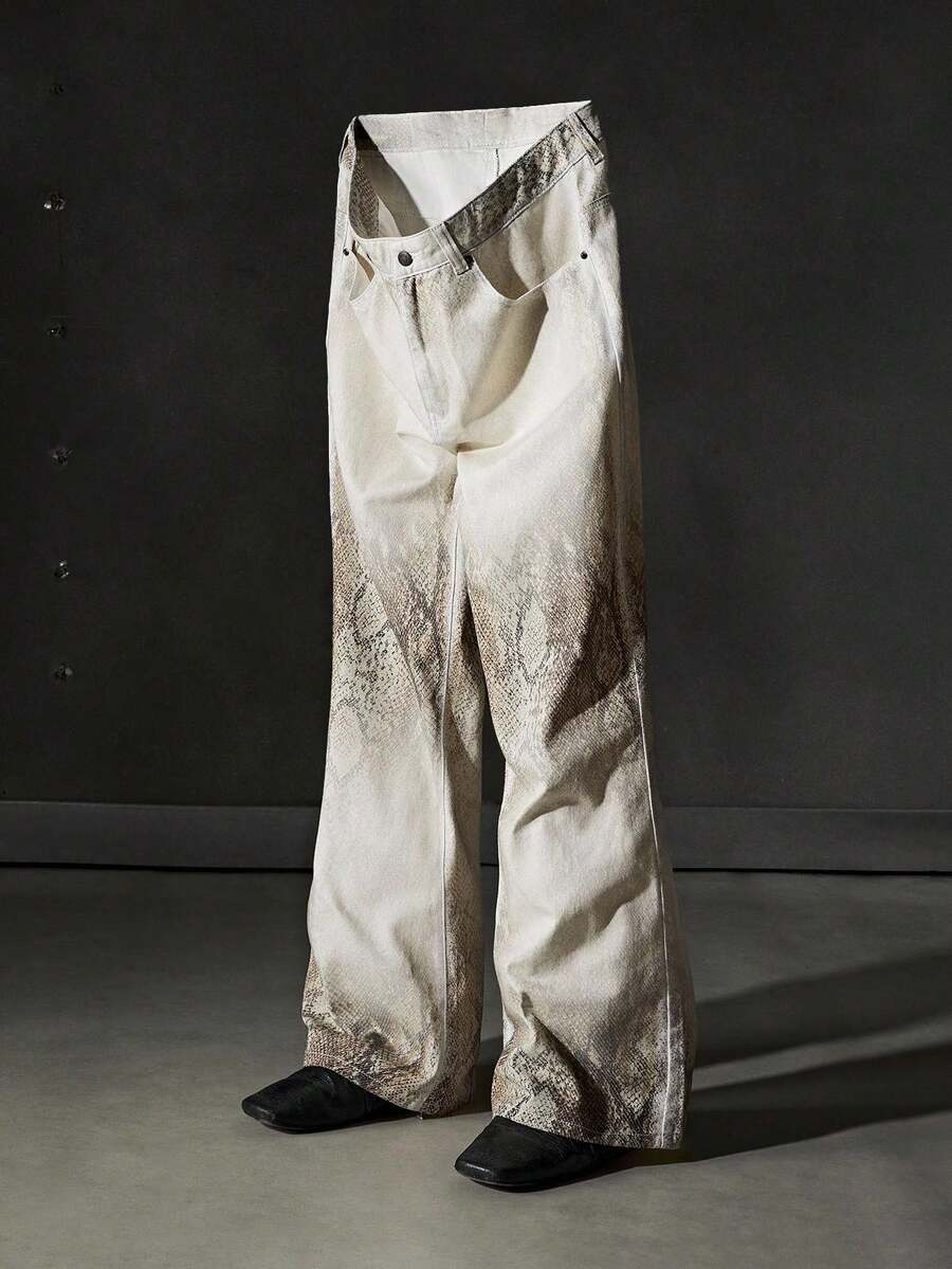 NEON BLANC 蛇皮印花口袋休闲百搭阔腿牛仔裤 - 米色 - 查看 1