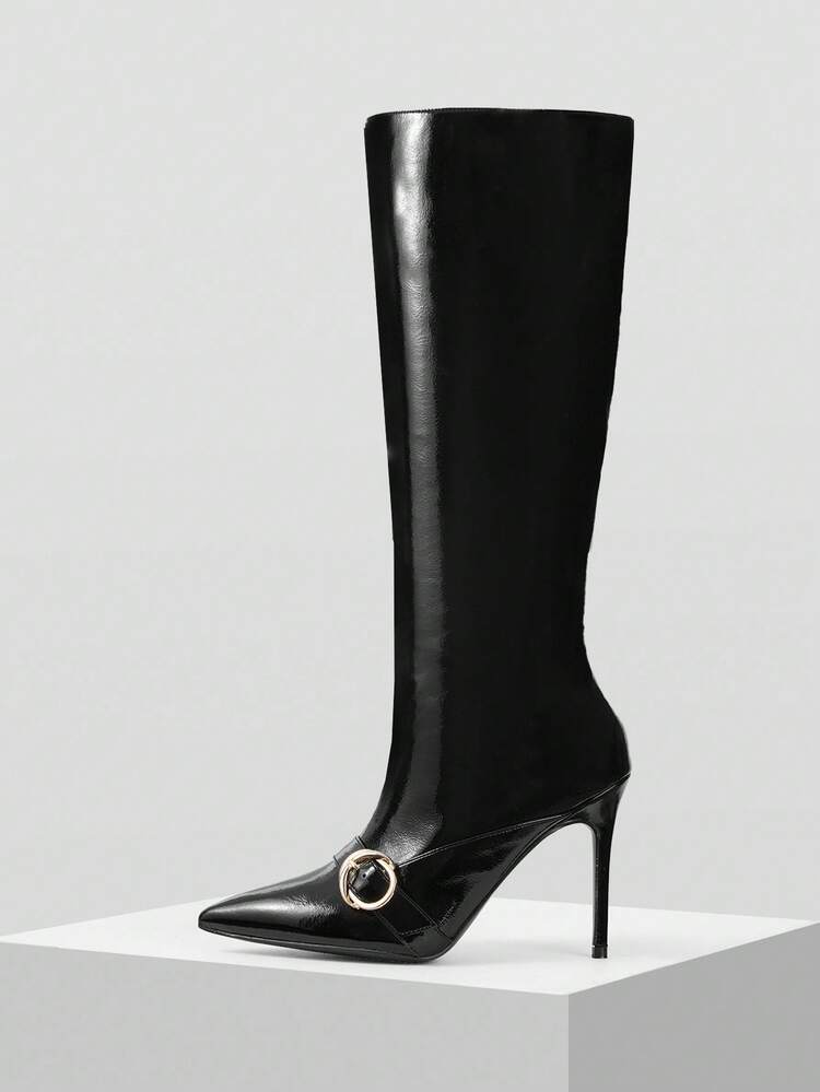 WOMEN'S FASHION METAL BUCKLE POINTED TOE STILETTO KNEE-HIGH BOOTS, SUITABLE FOR DATES AND PARTIES