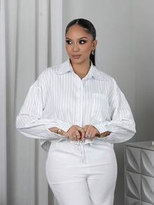 Melissa Matos 休闲百搭时尚长袖单排扣领扣女式衬衫，随机花卉图案 - 白色 - 查看 4