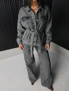 EURMUSE Flap Pocket Button Front Denim Jacket - Grey - View 6