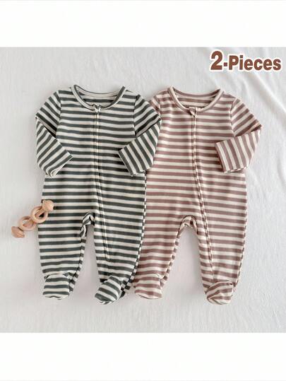 Loomiva 新生儿男/女宝宝两件套彩色条纹柔软针织圆领长袖连体衣秋冬款