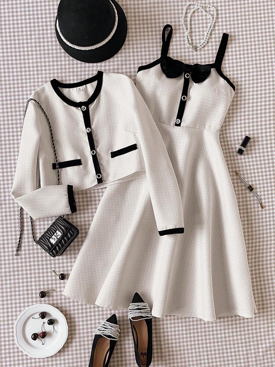 Sparklyn Conjunto de 2 piezas de chaqueta de cárdigan elegante y vestido deslizante con decoración de moño, adecuado para salidas y fiestas de adolescentes, otoño/invierno - Blanco - Ver 1
