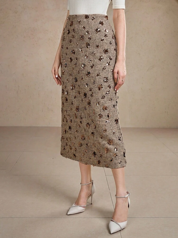 Women's High Waist Floral Sequin Decor Straight Loose Elegant Skirt Winter Women Skirts