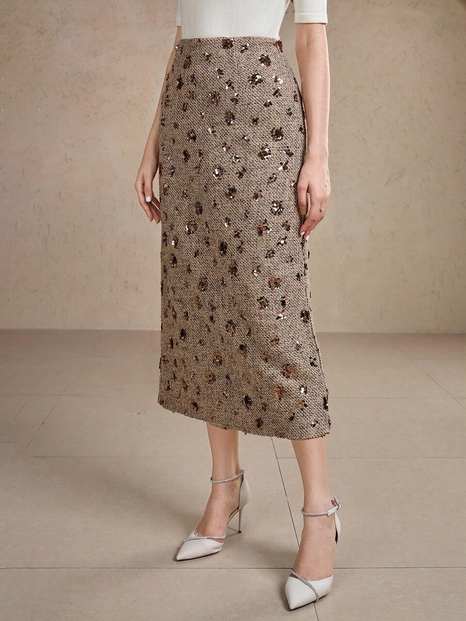Women's High Waist Floral Sequin Decor Straight Loose Elegant Skirt Winter Women Skirts