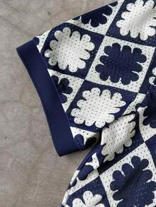 Manfinity RSRT Men's Casual Geometric All-Over Print Short Sleeve Polo Shirt, Summer - Navy Blue - View 4