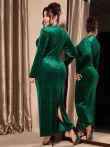 Cravure Christmas Plus Size Velvet Asymmetric Ruffle High Slit Dress For Women Fall - Green - View 2