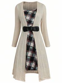 Plus Size Casual Plaid Patchwork 2 In 1 Dress, Autumn - Apricot - View 1