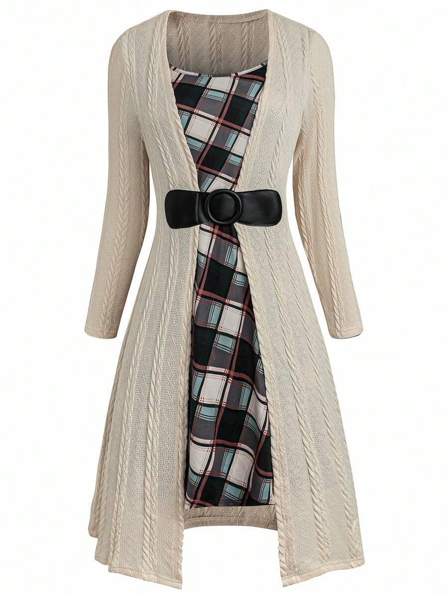Plus Size Casual Plaid Patchwork 2 In 1 Dress, Autumn - Apricot - View 1