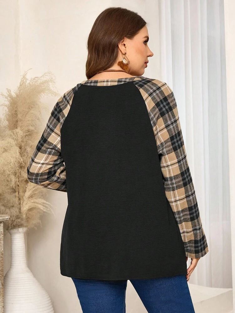 Plus Size Casual Plaid Patchwork Shirt, Autumn New Year Look Check Shirt Maija Fall Winter 2025 Fall/Winter Elegant Dress Women